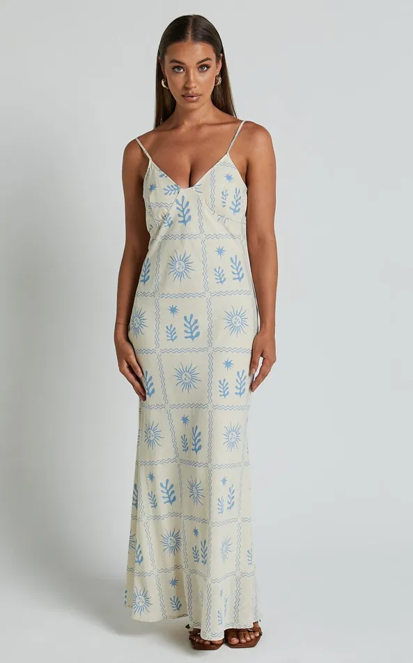 Showpo Zinnia Midi Dress 8211 Strappy Linen Slip Dress In BeigeBlue Border Print Women Dresses