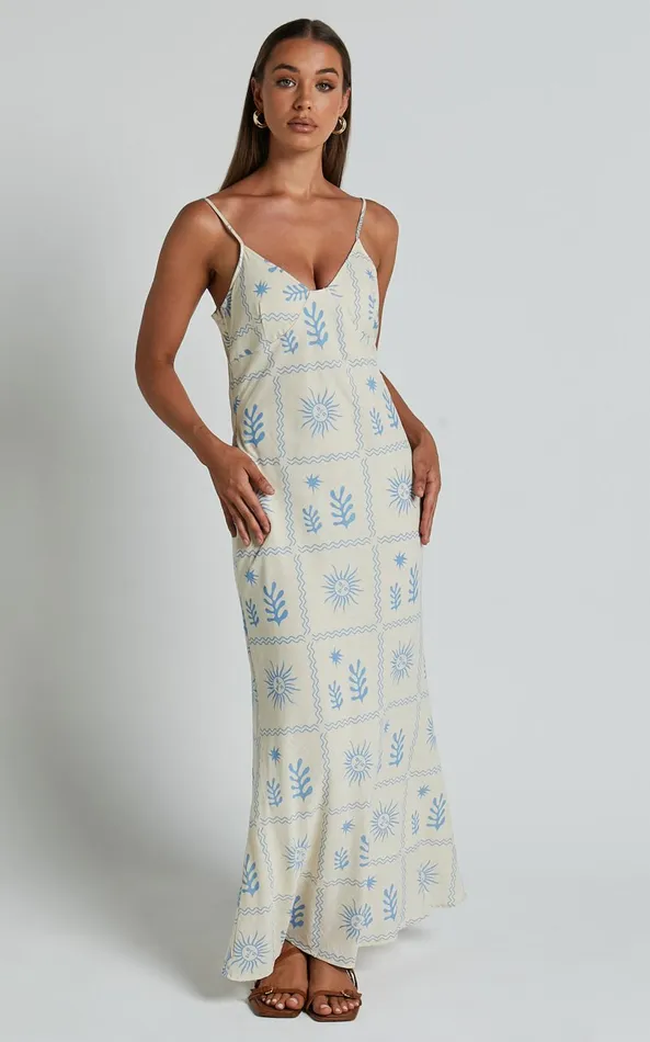 Showpo Zinnia Midi Dress 8211 Strappy Linen Slip Dress In BeigeBlue Border Print Women Dresses