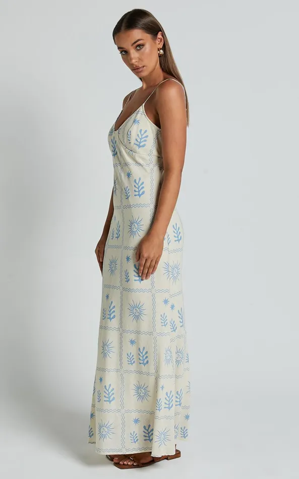 Showpo Zinnia Midi Dress 8211 Strappy Linen Slip Dress In BeigeBlue Border Print Women Dresses
