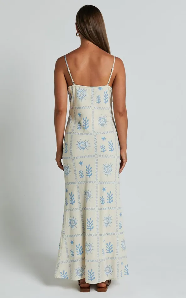 Showpo Zinnia Midi Dress 8211 Strappy Linen Slip Dress In BeigeBlue Border Print Women Dresses