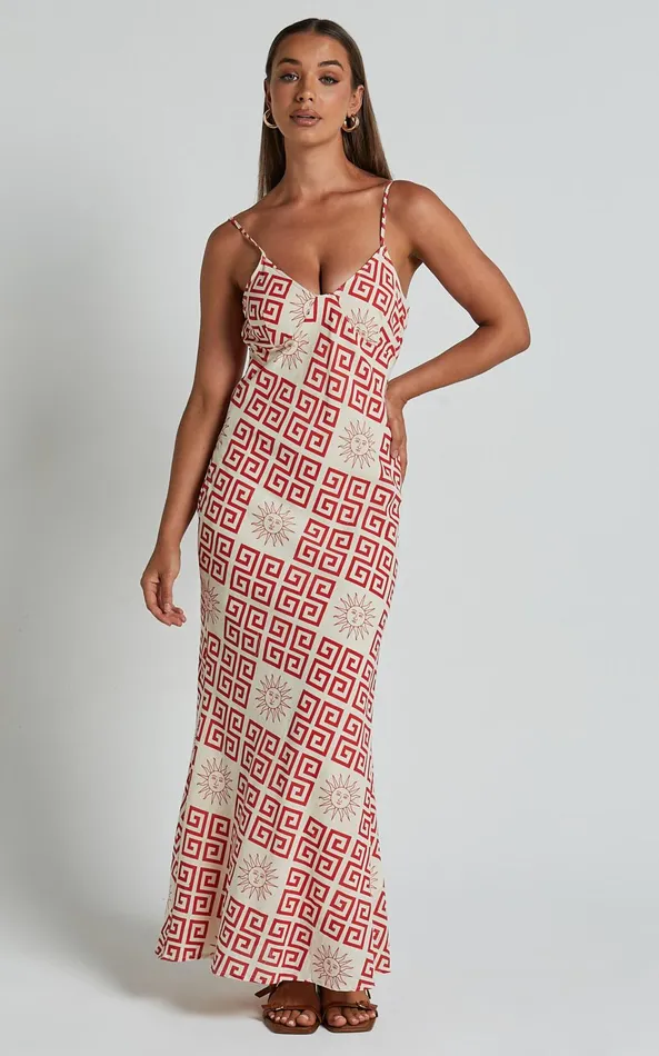 Showpo Zinnia Midi Dress 8211 Strappy Linen Slip Dress In BeigeRed Greek Sun Print Women Dresses Showpo Zinnia Midi Dress 8211 Strappy Linen Slip Dress In BeigeRed Greek Sun Print Women Dresses