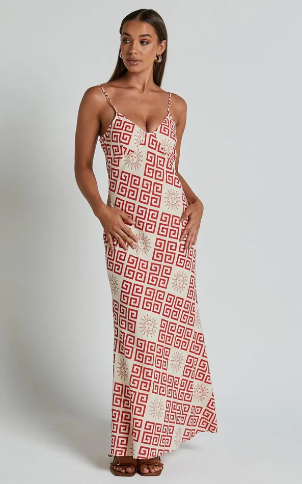Showpo Zinnia Midi Dress 8211 Strappy Linen Slip Dress In BeigeRed Greek Sun Print Women Dresses