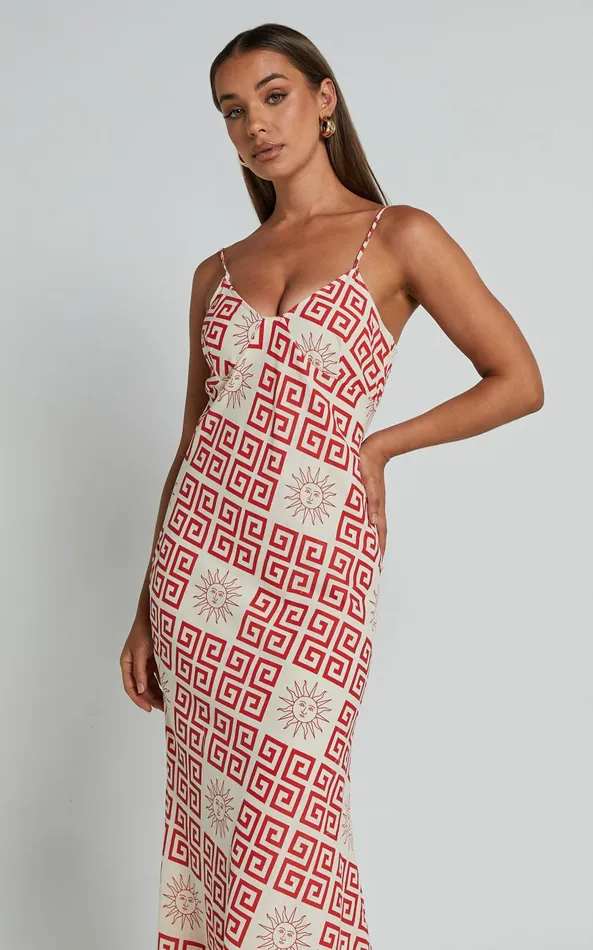 Showpo Zinnia Midi Dress 8211 Strappy Linen Slip Dress In BeigeRed Greek Sun Print Women Dresses