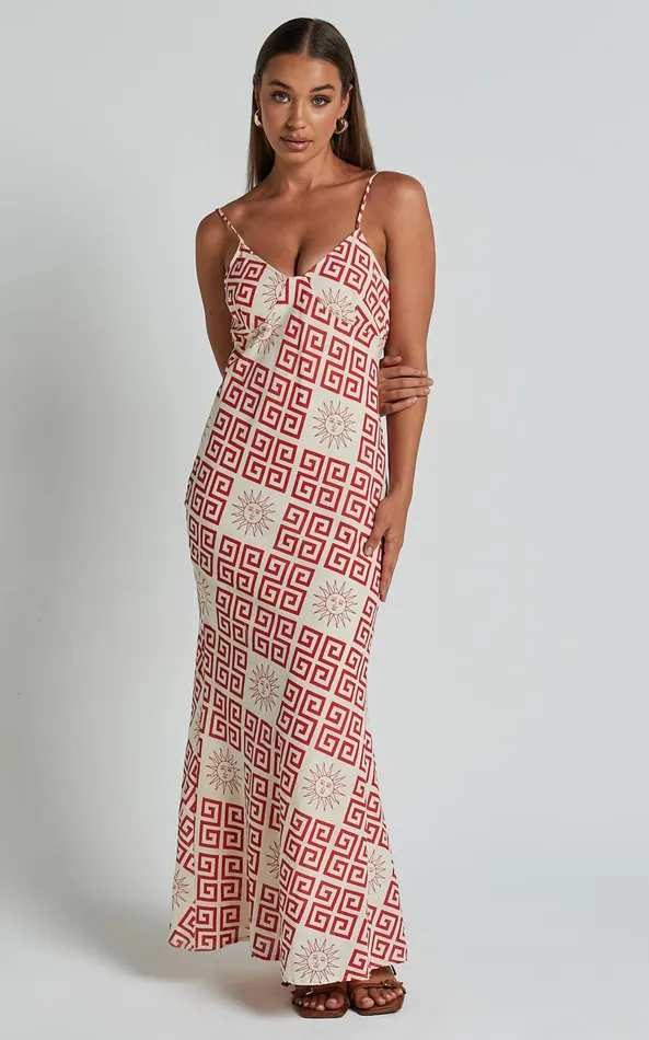 Showpo Zinnia Midi Dress 8211 Strappy Linen Slip Dress In BeigeRed Greek Sun Print Women Dresses