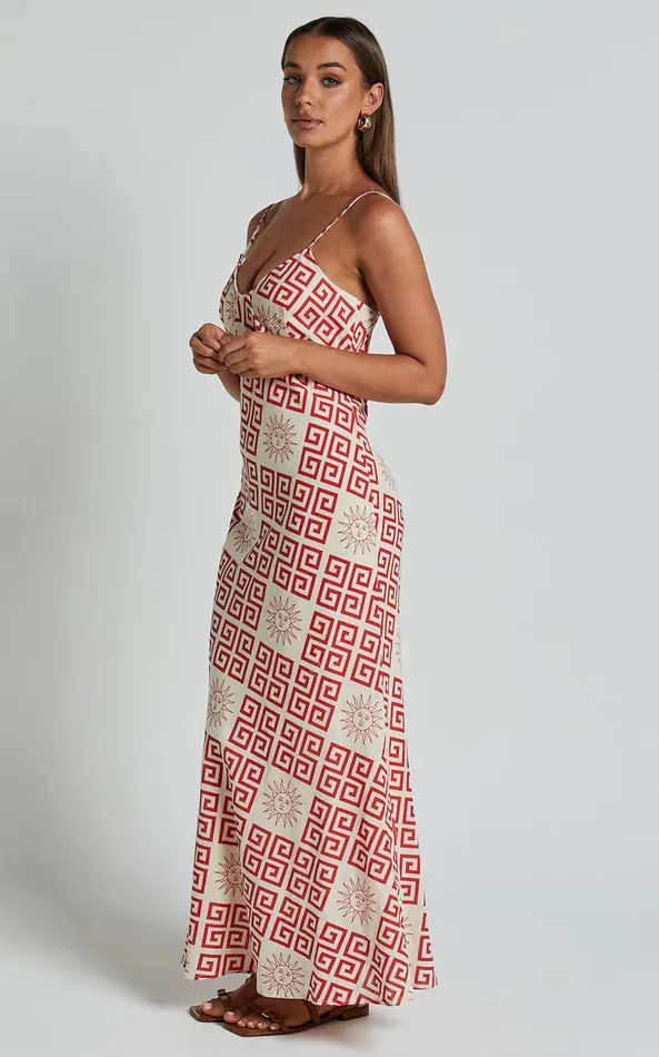 Showpo Zinnia Midi Dress 8211 Strappy Linen Slip Dress In BeigeRed Greek Sun Print Women Dresses