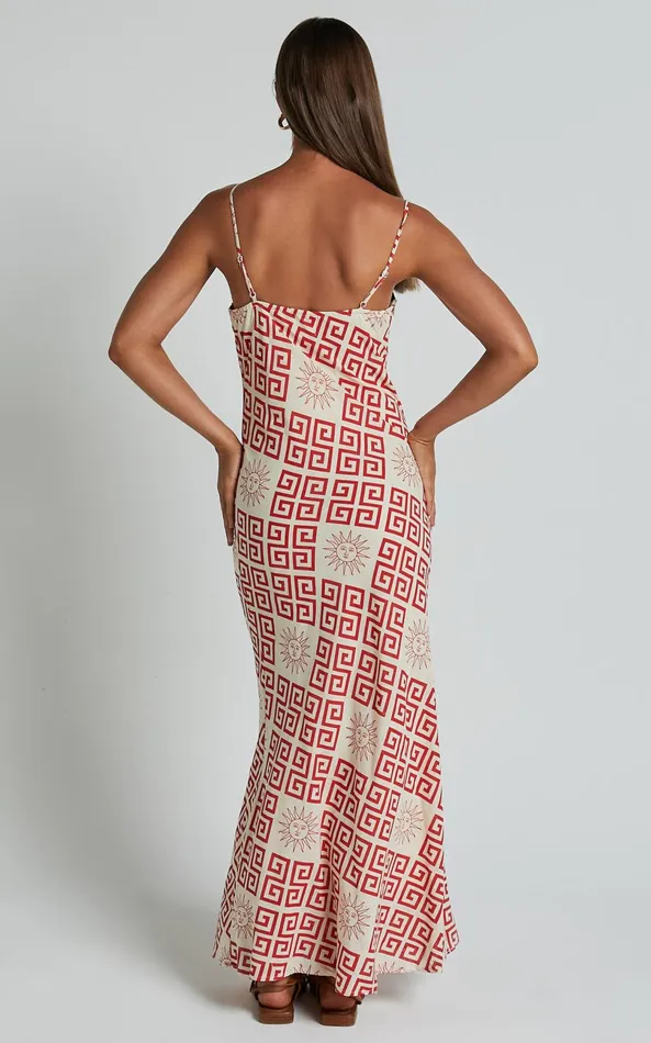 Showpo Zinnia Midi Dress 8211 Strappy Linen Slip Dress In BeigeRed Greek Sun Print Women Dresses