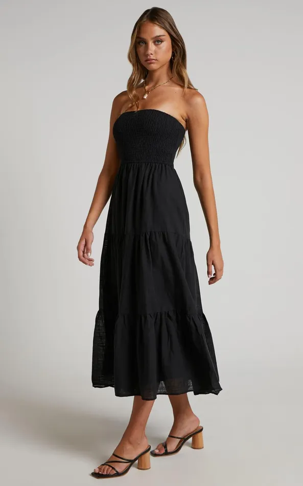 Showpo Zoe Midi Dress 8211 Strapless Shirred Bodice Tiered Dress In Black Women Dresses