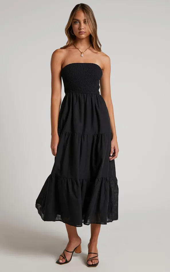 Showpo Zoe Midi Dress 8211 Strapless Shirred Bodice Tiered Dress In Black Women Dresses
