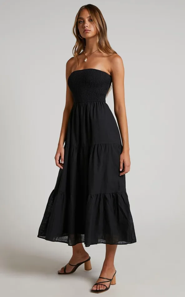 Showpo Zoe Midi Dress 8211 Strapless Shirred Bodice Tiered Dress In Black Women Dresses