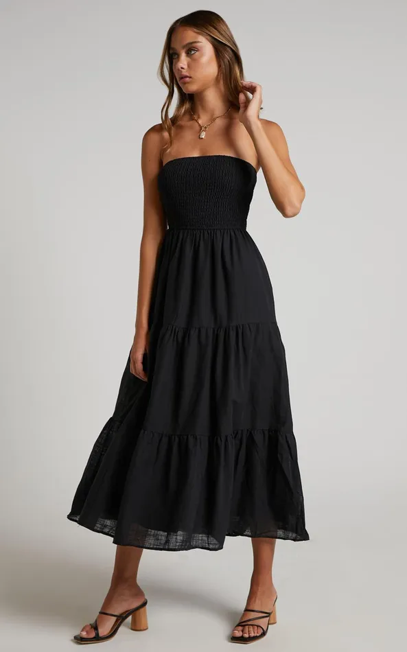 Showpo Zoe Midi Dress 8211 Strapless Shirred Bodice Tiered Dress In Black Women Dresses
