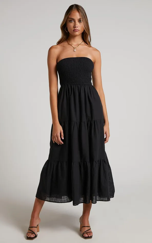 Showpo Zoe Midi Dress 8211 Strapless Shirred Bodice Tiered Dress In Black Women Dresses