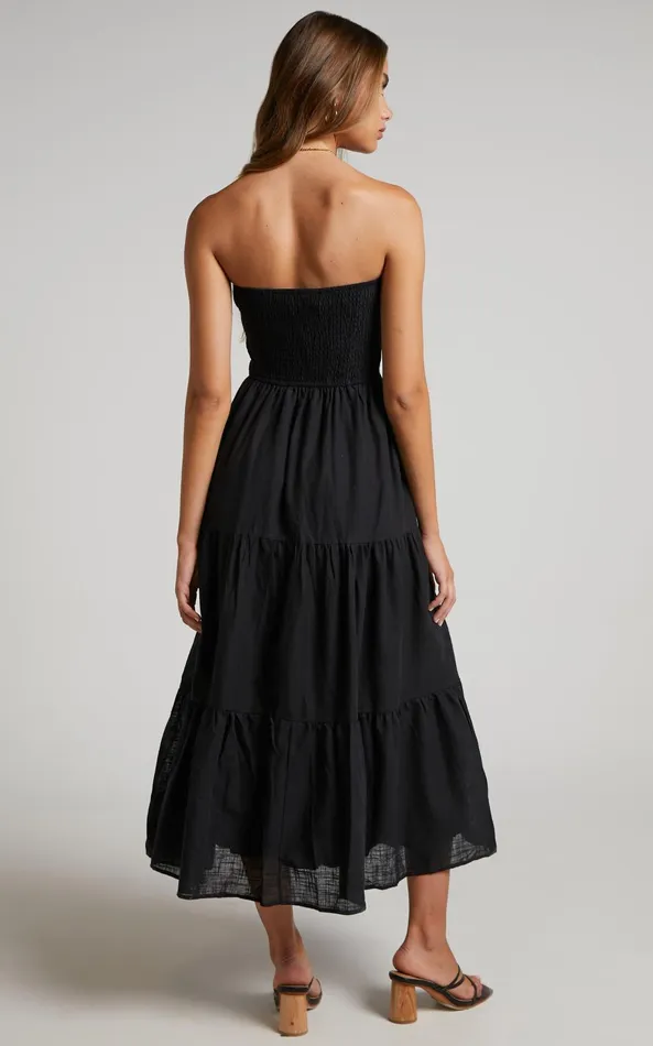 Showpo Zoe Midi Dress 8211 Strapless Shirred Bodice Tiered Dress In Black Women Dresses