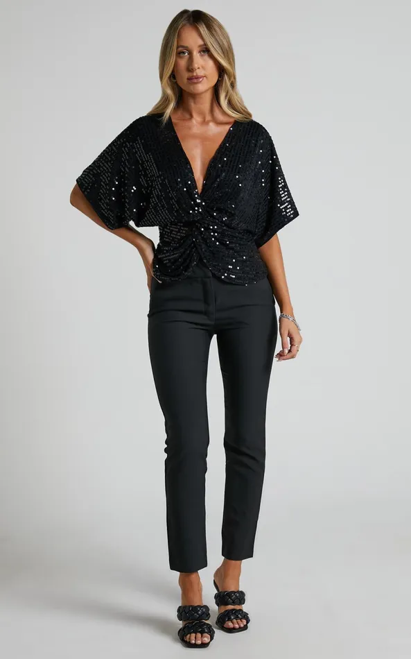 Showpo Zoey Batwing Top 8211 Twist Sequin Batwing Top In Black Women Tops