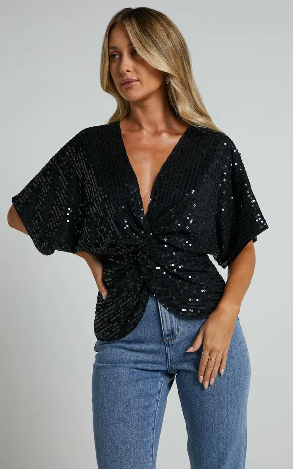 Showpo Zoey Batwing Top 8211 Twist Sequin Batwing Top In Black Women Tops