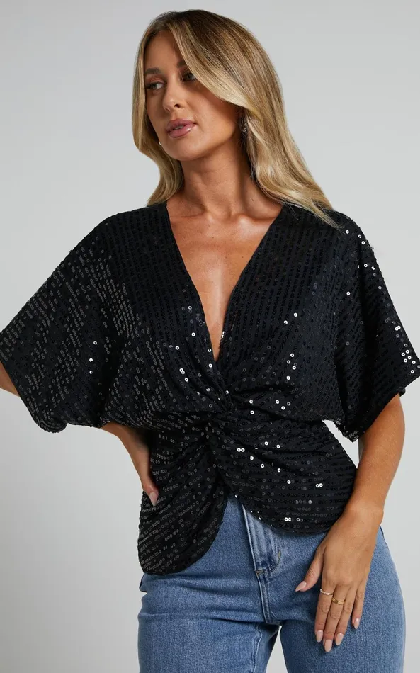 Showpo Zoey Batwing Top 8211 Twist Sequin Batwing Top In Black Women Tops