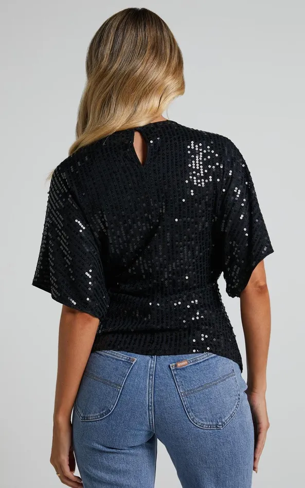 Showpo Zoey Batwing Top 8211 Twist Sequin Batwing Top In Black Women Tops