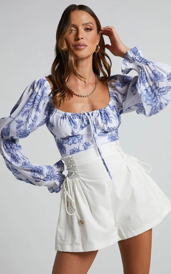 Showpo Zonya Top 8211 Tie Front Long Sleeve Blouse In Blue Silhouette Floral Women Curve Clothes Showpo Zonya Top 8211 Tie Front Long Sleeve Blouse In Blue Silhouette Floral Women Curve Clothes