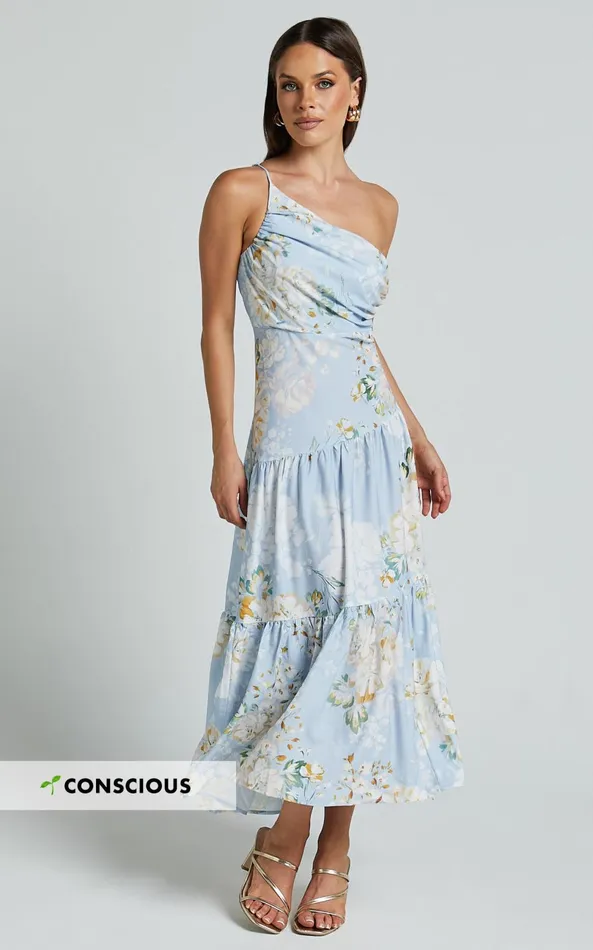 Showpo Zophia Midi Dress 8211 One Shoulder Tiered Dress In Aqua Botanical Print Women Dresses Showpo Zophia Midi Dress 8211 One Shoulder Tiered Dress In Aqua Botanical Print Women Dresses