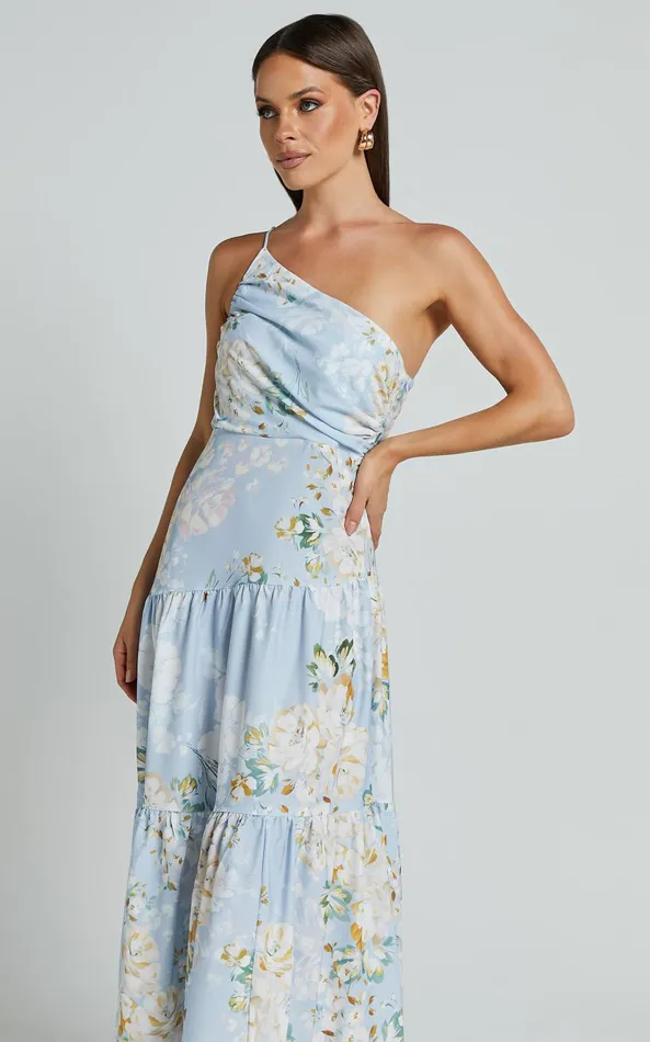Showpo Zophia Midi Dress 8211 One Shoulder Tiered Dress In Aqua Botanical Print Women Dresses