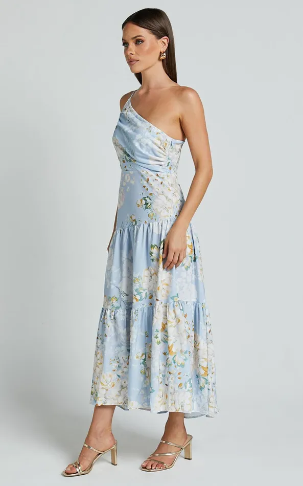 Showpo Zophia Midi Dress 8211 One Shoulder Tiered Dress In Aqua Botanical Print Women Dresses