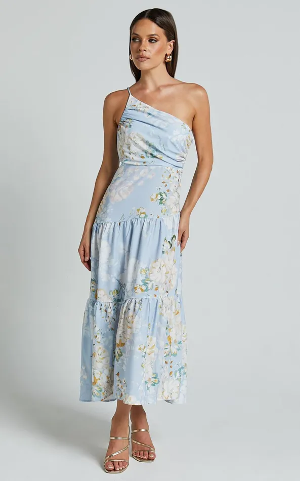 Showpo Zophia Midi Dress 8211 One Shoulder Tiered Dress In Aqua Botanical Print Women Dresses