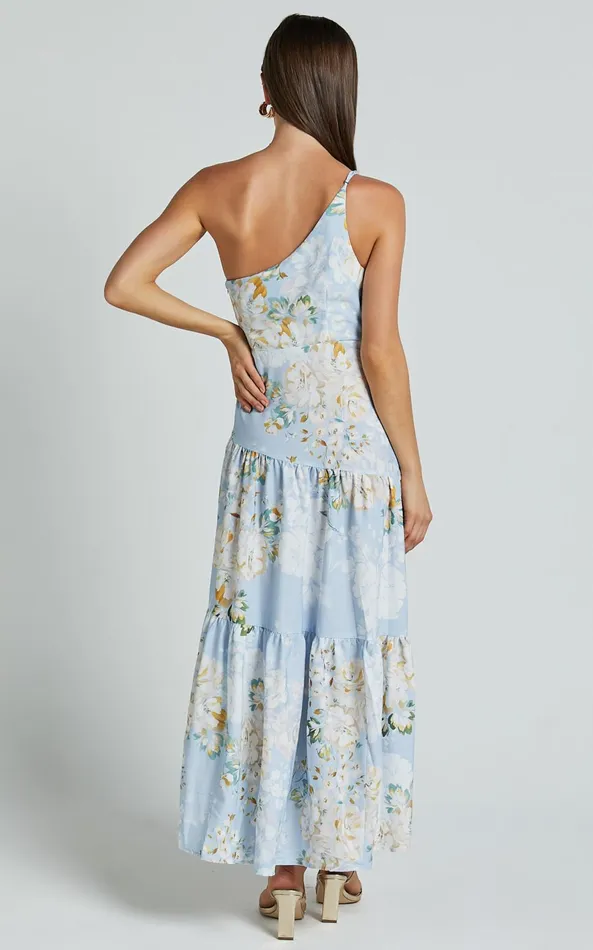 Showpo Zophia Midi Dress 8211 One Shoulder Tiered Dress In Aqua Botanical Print Women Dresses