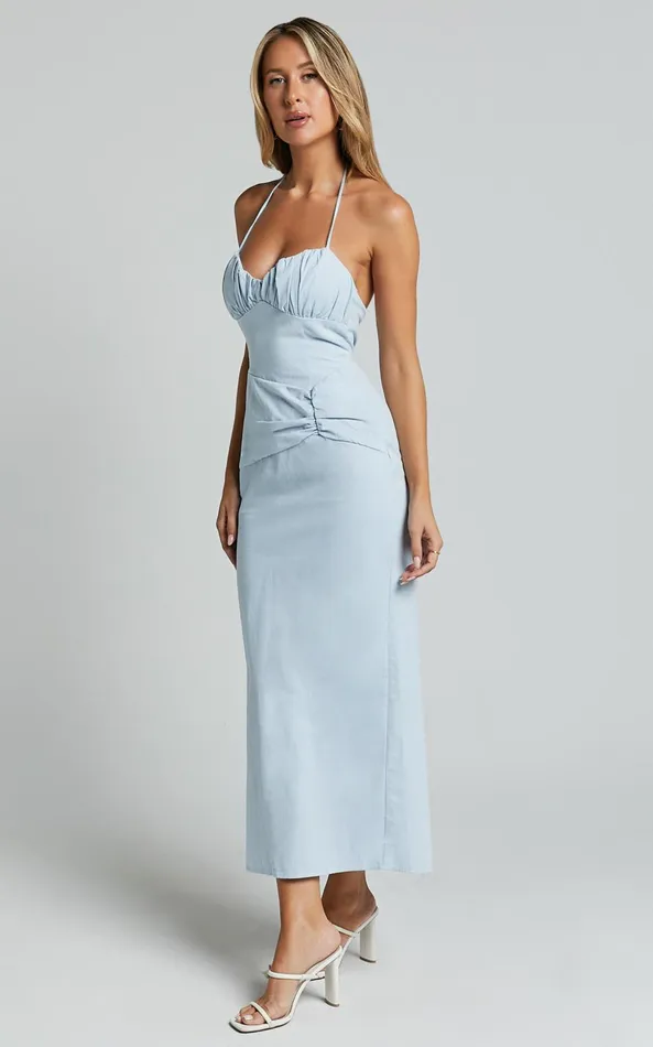 Showpo Zora Midi Dress 8211 Halter Ruched Bust Slip Dress In Pale Blue Women Dresses