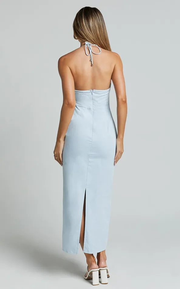 Showpo Zora Midi Dress 8211 Halter Ruched Bust Slip Dress In Pale Blue Women Dresses