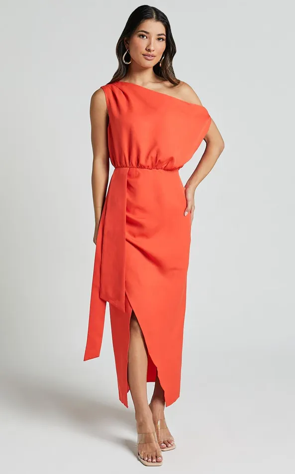 Showpo Zuri Midi Dress 8211 One Shoulder Wrap Dress In Orange Women Dresses