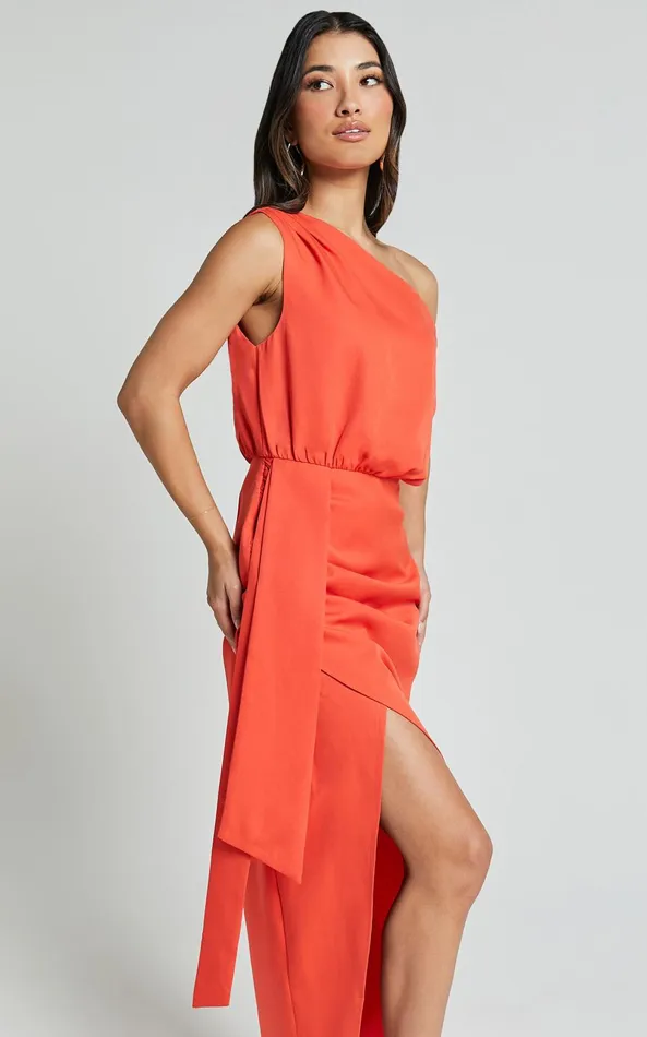 Showpo Zuri Midi Dress 8211 One Shoulder Wrap Dress In Orange Women Dresses