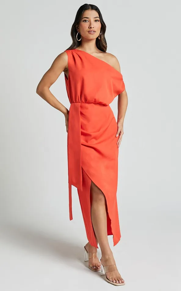 Showpo Zuri Midi Dress 8211 One Shoulder Wrap Dress In Orange Women Dresses