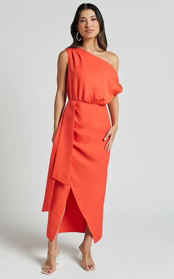 Showpo Zuri Midi Dress 8211 One Shoulder Wrap Dress In Orange Women Dresses