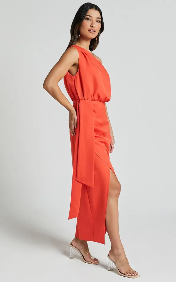 Showpo Zuri Midi Dress 8211 One Shoulder Wrap Dress In Orange Women Dresses