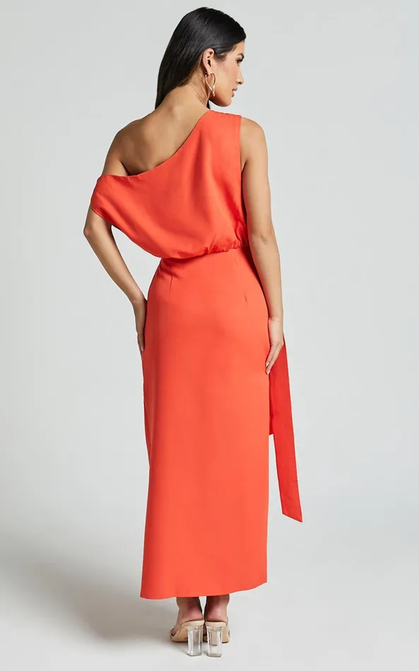 Showpo Zuri Midi Dress 8211 One Shoulder Wrap Dress In Orange Women Dresses