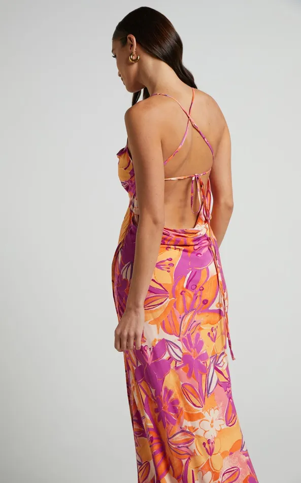 Showpo Zydelle Midi Dress 8211 Cowl Neck Thigh Split Dress In Purple Floral Women Dresses