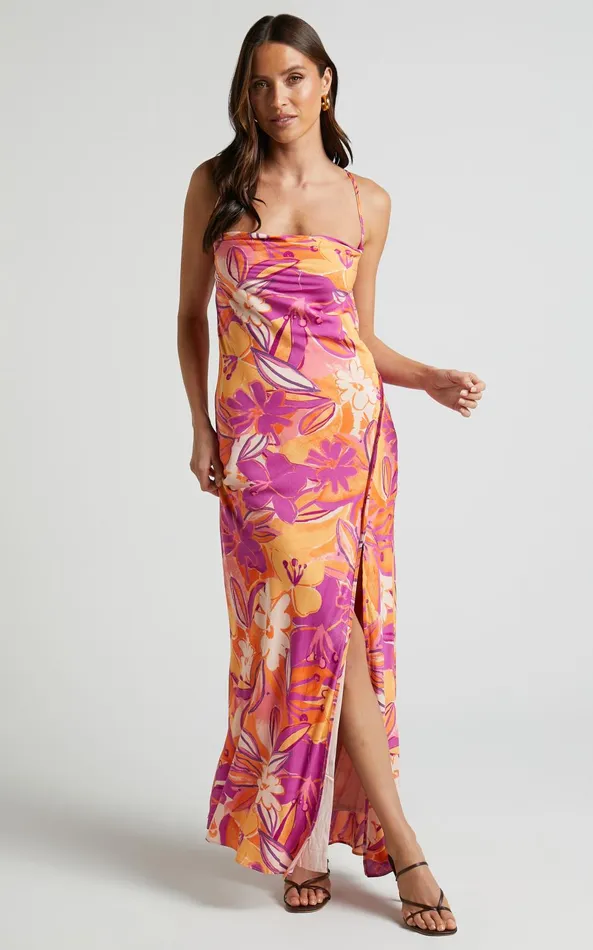 Showpo Zydelle Midi Dress 8211 Cowl Neck Thigh Split Dress In Purple Floral Women Dresses