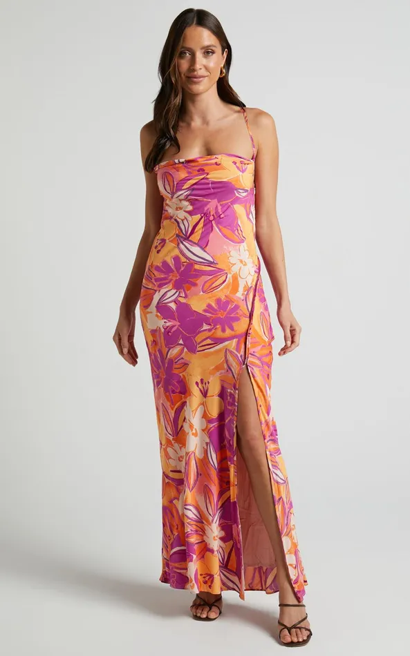 Showpo Zydelle Midi Dress 8211 Cowl Neck Thigh Split Dress In Purple Floral Women Dresses