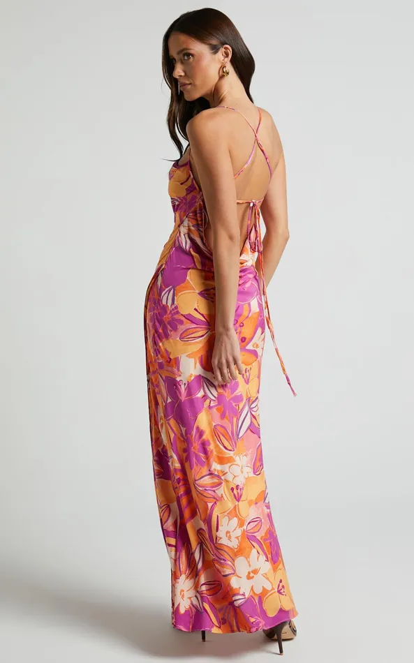 Showpo Zydelle Midi Dress 8211 Cowl Neck Thigh Split Dress In Purple Floral Women Dresses