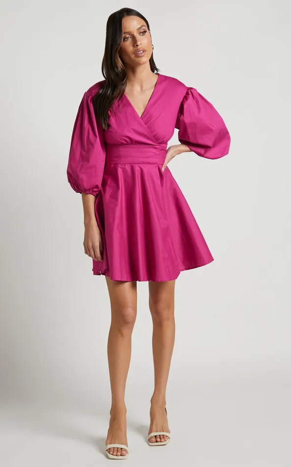 Showpo Zyla Mini Dress 8211 Puff Sleeve Wrap Dress In Berry Women Curve Clothes
