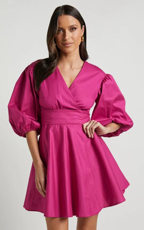 Showpo Zyla Mini Dress 8211 Puff Sleeve Wrap Dress In Berry Women Curve Clothes