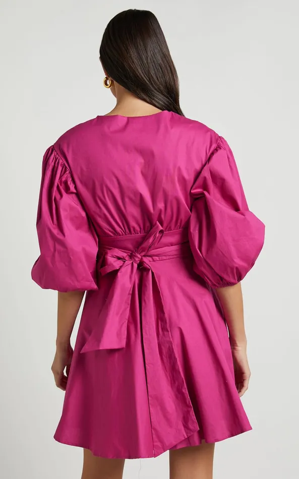 Showpo Zyla Mini Dress 8211 Puff Sleeve Wrap Dress In Berry Women Curve Clothes