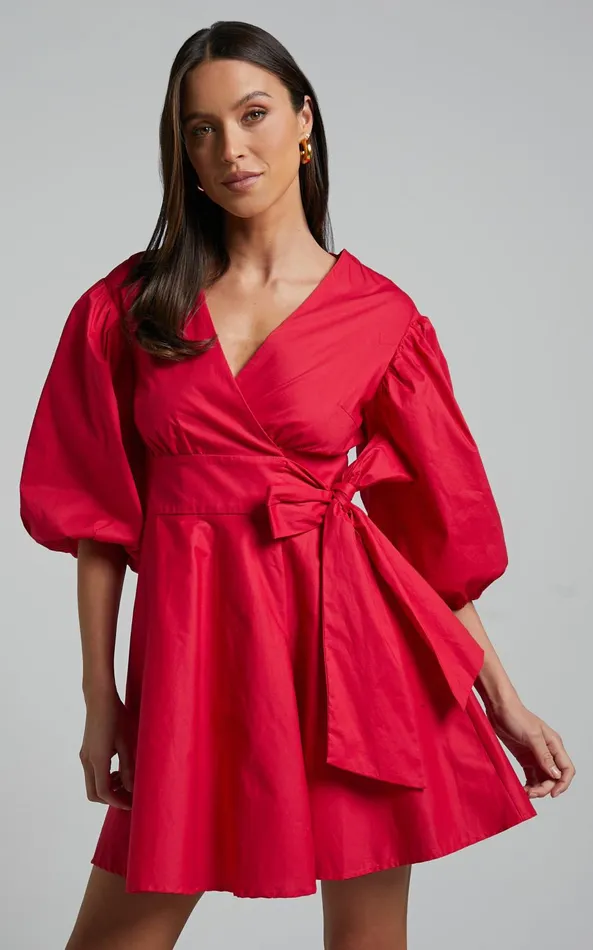Showpo Zyla Mini Dress 8211 Puff Sleeve Wrap Dress In Red Women Dresses