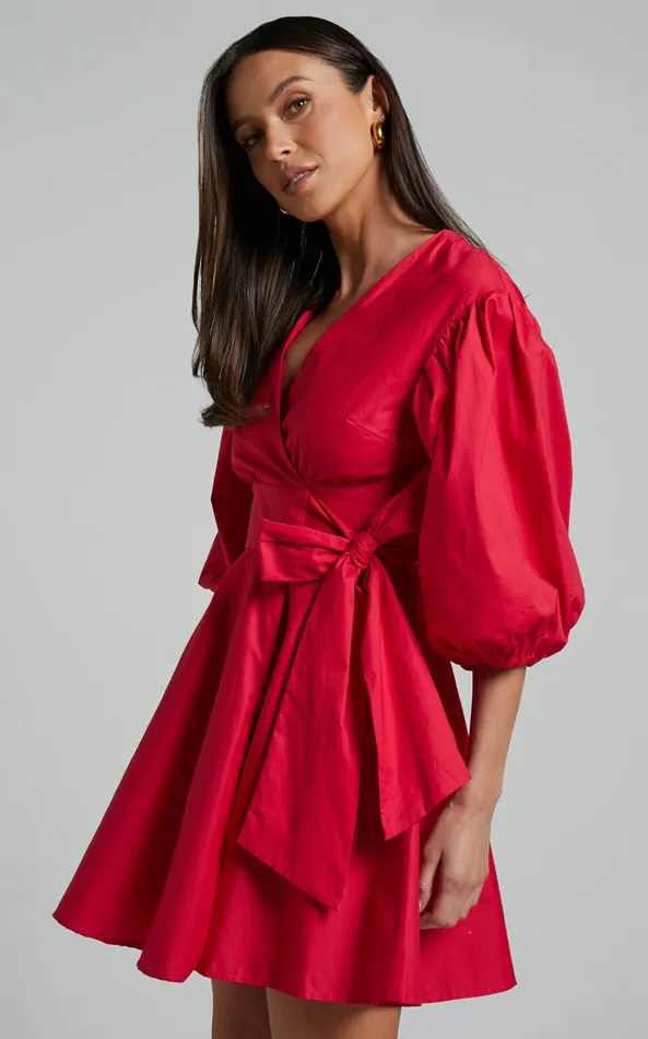 Showpo Zyla Mini Dress 8211 Puff Sleeve Wrap Dress In Red Women Dresses