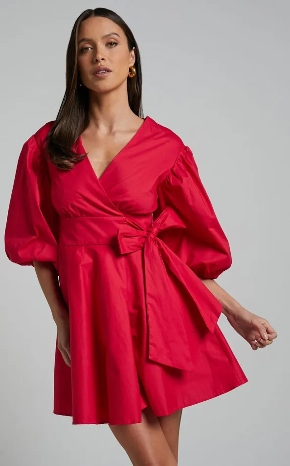 Showpo Zyla Mini Dress 8211 Puff Sleeve Wrap Dress In Red Women Dresses