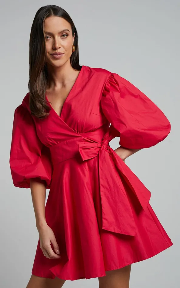 Showpo Zyla Mini Dress 8211 Puff Sleeve Wrap Dress In Red Women Dresses