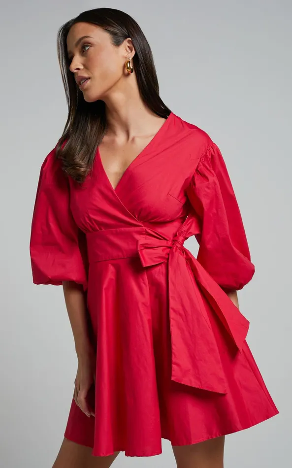 Showpo Zyla Mini Dress 8211 Puff Sleeve Wrap Dress In Red Women Dresses
