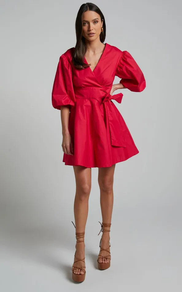 Showpo Zyla Mini Dress 8211 Puff Sleeve Wrap Dress In Red Women Dresses