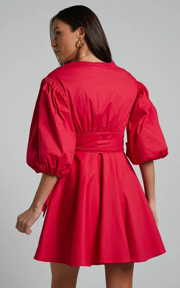Showpo Zyla Mini Dress 8211 Puff Sleeve Wrap Dress In Red Women Dresses