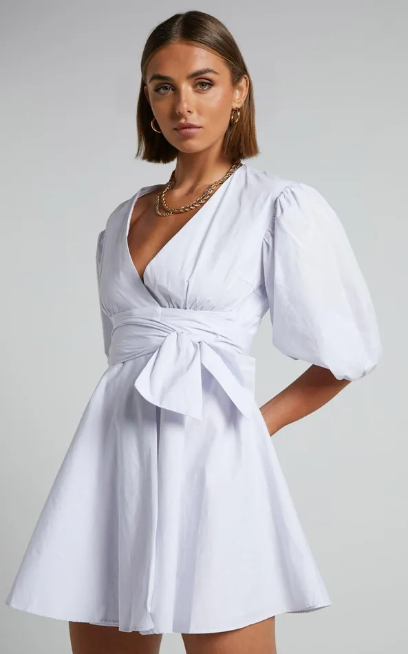 Showpo Zyla Mini Dress 8211 Puff Sleeve Wrap Dress In White Women Dresses