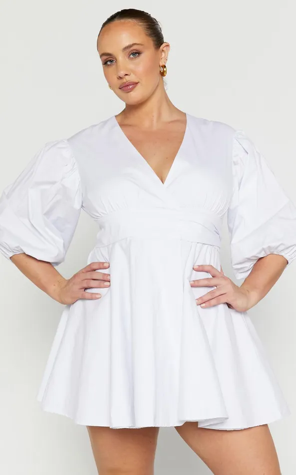 Showpo Zyla Mini Dress 8211 Puff Sleeve Wrap Dress In White Women Dresses
